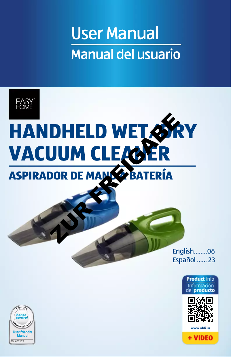 Page 1 de la notice Manuel utilisateur Easy Home Handheld Wet/Dry Vacuum Cleaner VC2167