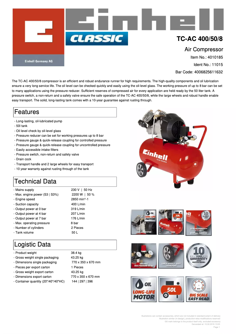 Page n°1 - Fiche technique Einhell TC-AC 400/50/8