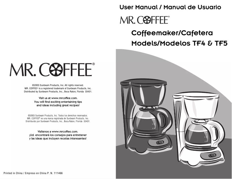 Page n°1 - Manuel utilisateur Mr. Coffee TF5