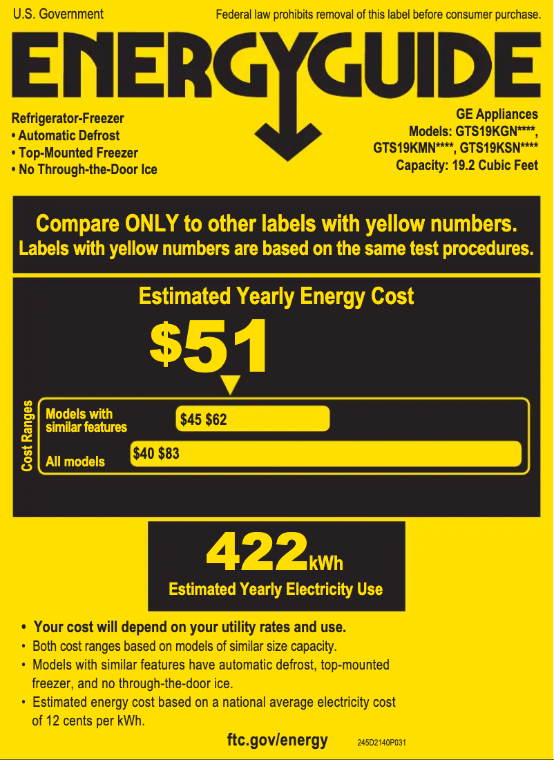 Page 1 de la notice Label énergétique GE GTS19KGNRWW