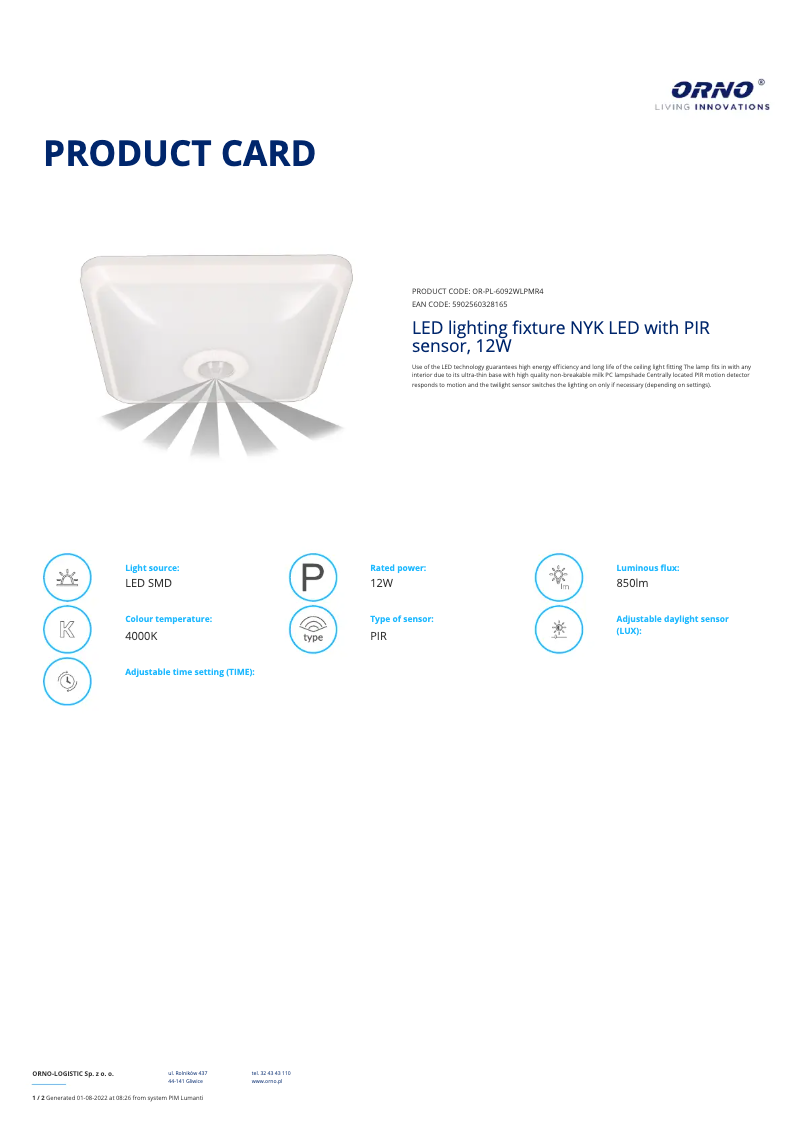 Page 1 de la notice Fiche technique ORNO OR-PL-6092WLPMR4