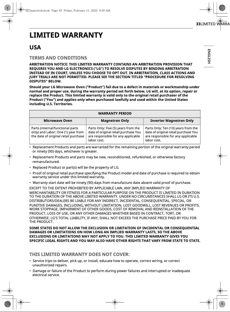 Page n°1 - Informations de garantie LG MVEL2125F