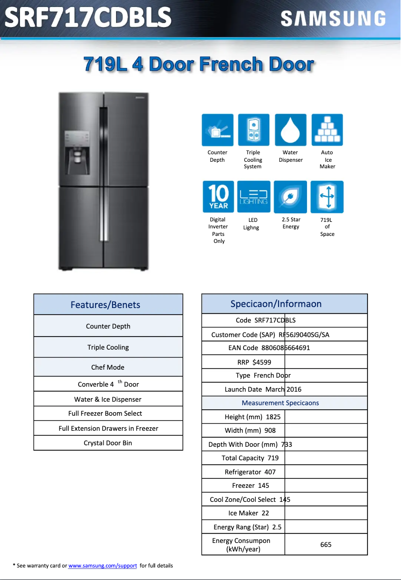 Page 1 de la notice Fiche technique Samsung SRF717CDBLS