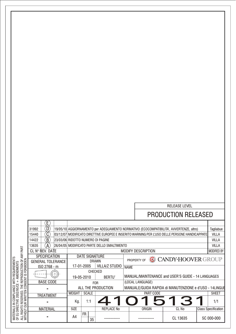 Page 1 de la notice Manuel utilisateur Candy CKCF 6182W