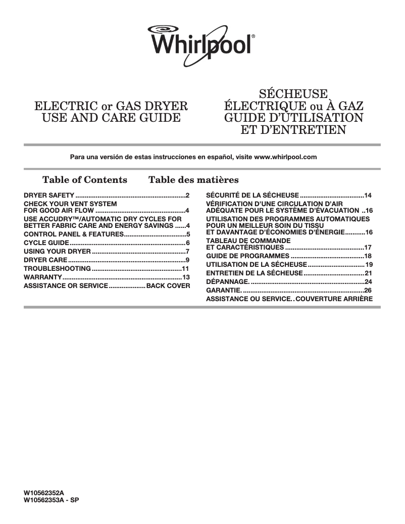 Page 1 de la notice Manuel utilisateur Whirlpool WGD5000DW