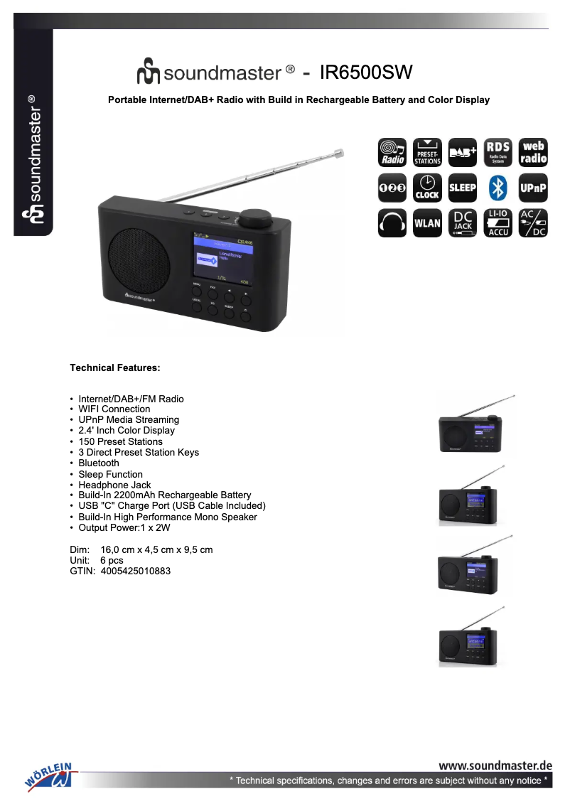 Page 1 de la notice Fiche technique Soundmaster IR6500