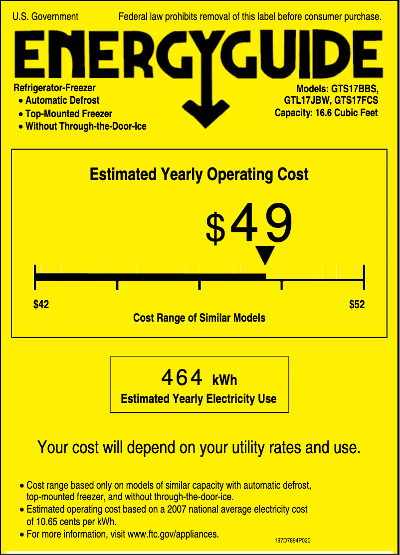 Page n°1 - Label énergétique GE GTS17FCSWW