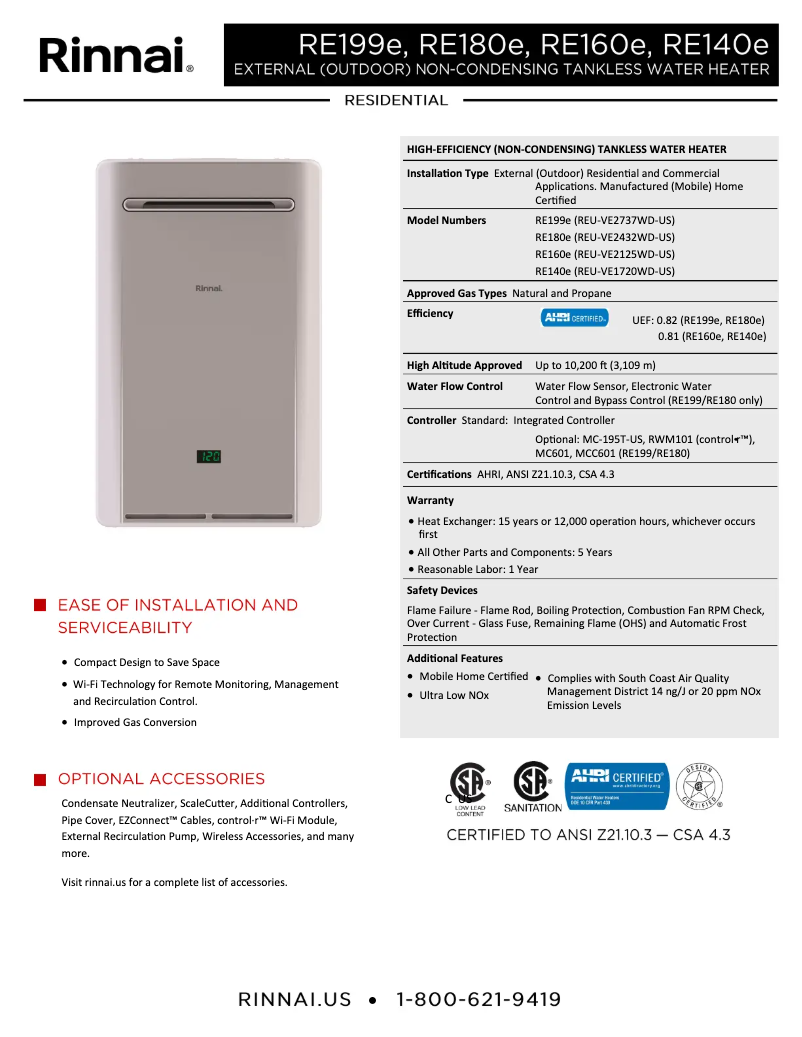 Page 1 de la notice Fiche technique Rinnai RE140eN