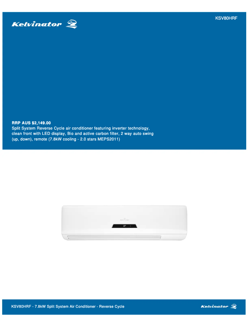 Page n°1 - Fiche technique Kelvinator KSV80HRF
