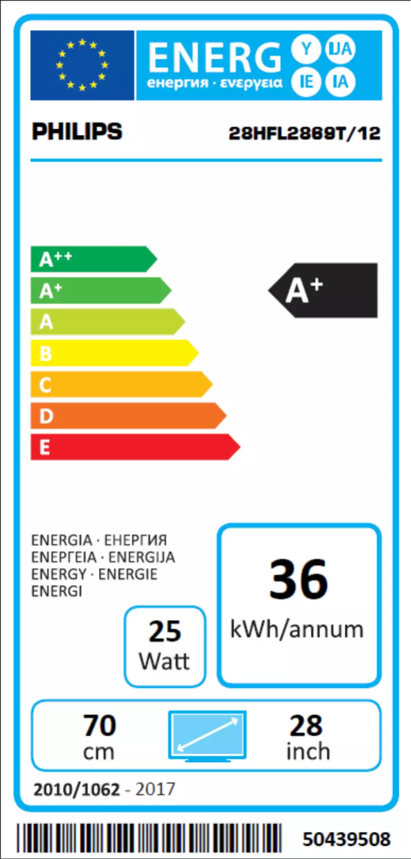 Page 1 de la notice Label énergétique Philips 28HFL2869T