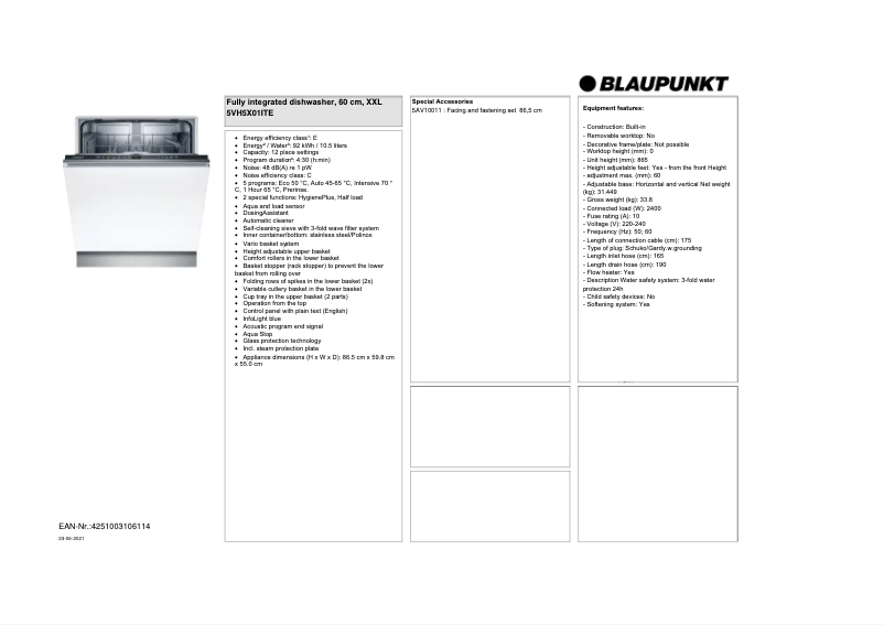 Page n°1 - Fiche technique Blaupunkt 5VH5X01ITE
