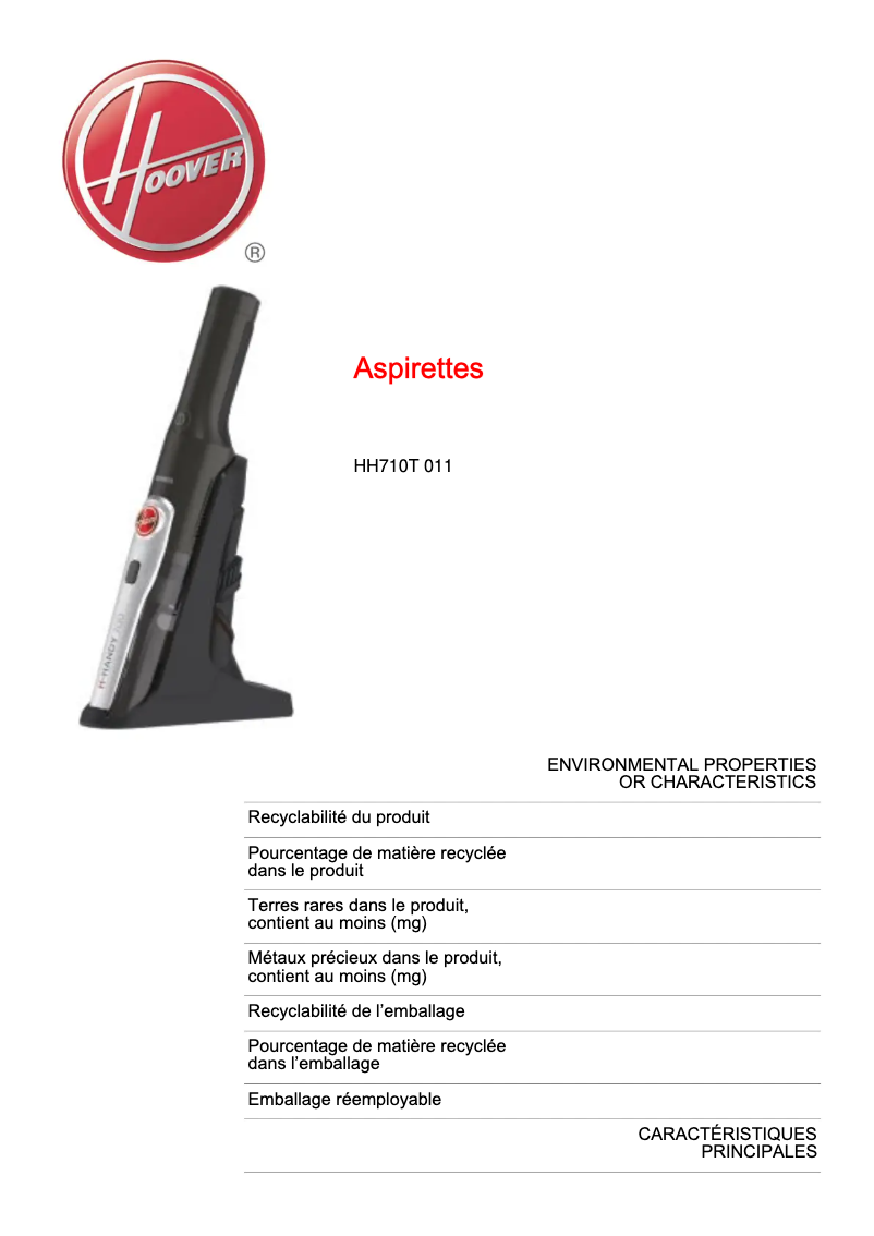 Page n°1 - Fiche technique Hoover H-HANDY 700 Express