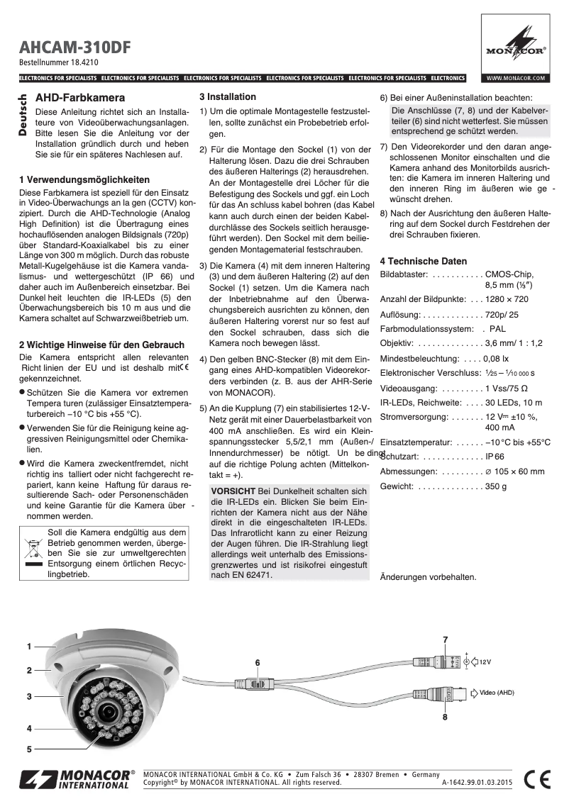 Page n°1 - Manuel utilisateur Monacor AHCAM-310DF