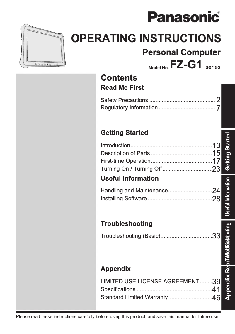 Image de la première page du manuel de l'appareil Toughpad G1