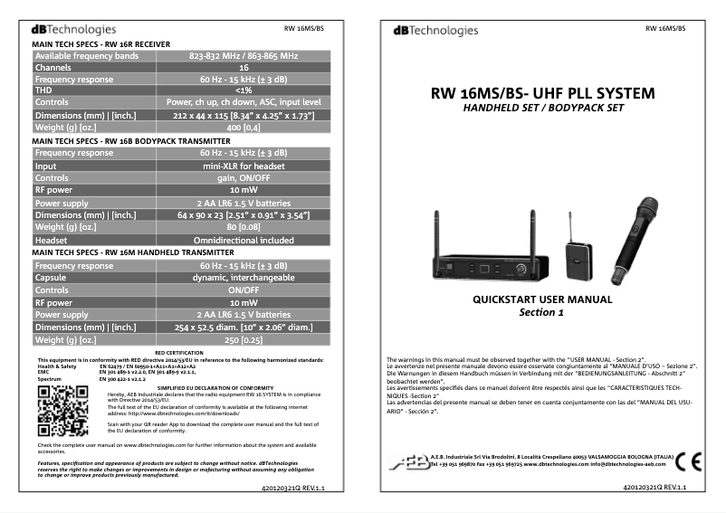 Page n°1 - Manuel utilisateur DB Technologies RW 16MS