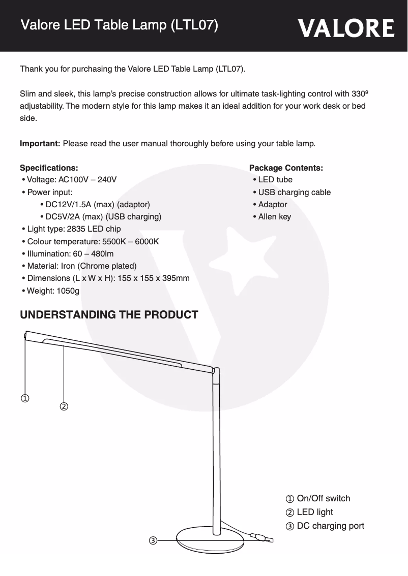 Page n°1 - Manuel utilisateur Valore LTL07