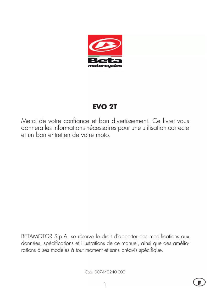 Image de la première page du manuel de l'appareil EVO 2T 250 (2016)