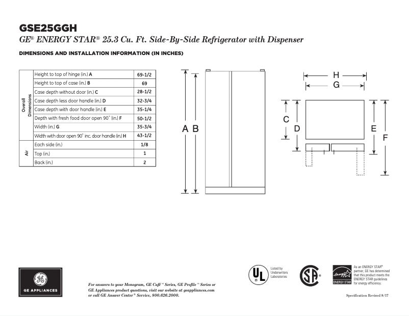 Page n°1 - Fiche technique GE GSE25GSHSS
