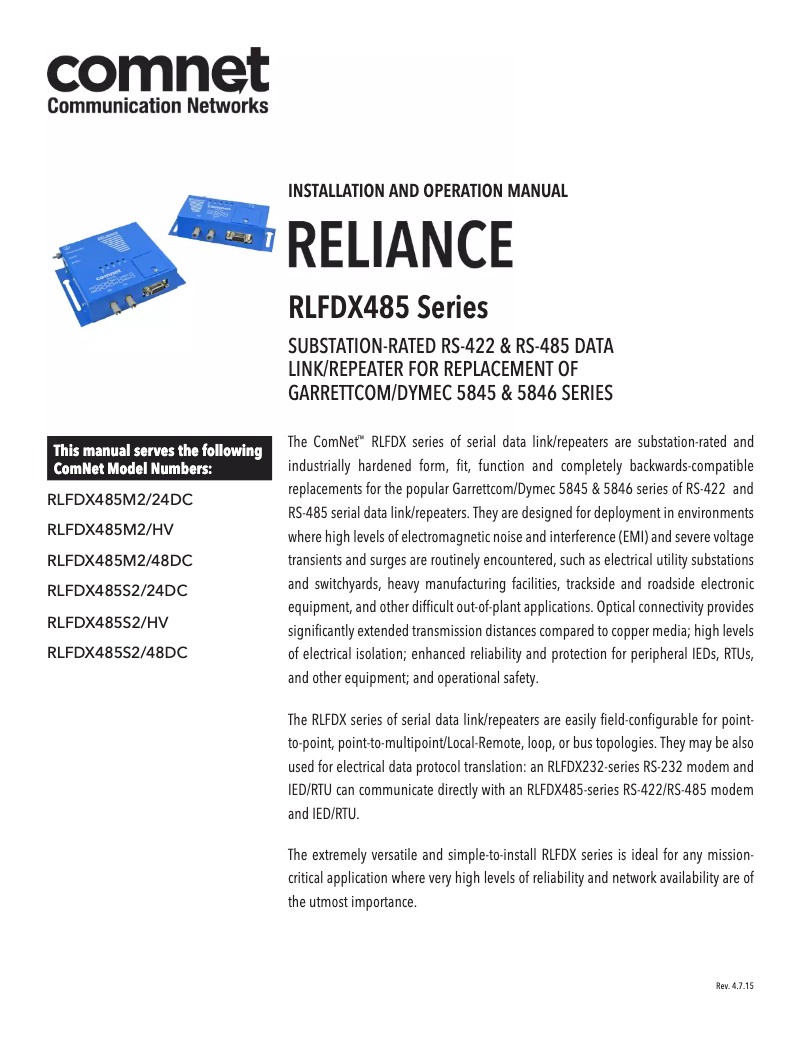 Page n°1 - Manuel utilisateur ComNet RLFDX485M2/HV