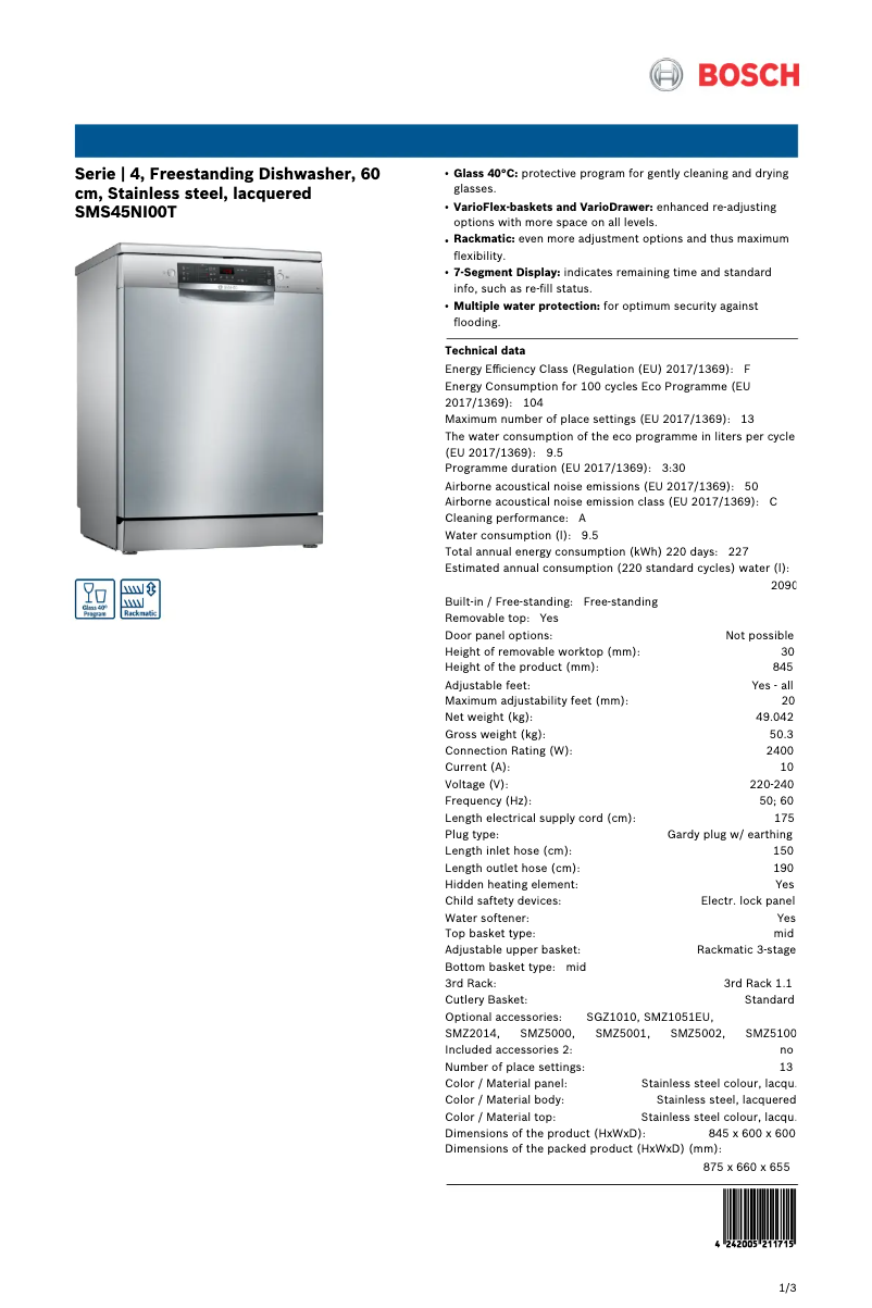 Image de la première page du manuel de l'appareil SMS45NI00T