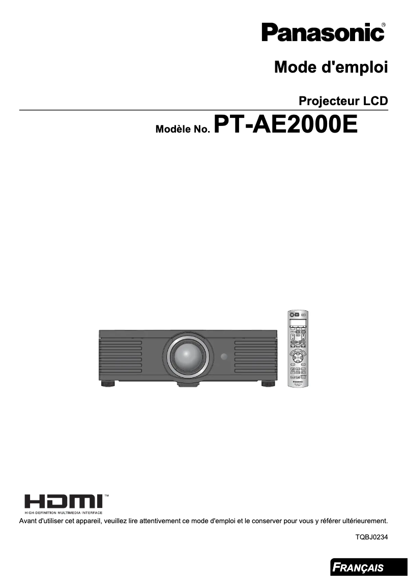 Page n°1 - Manuel utilisateur Panasonic PT-AE2000E