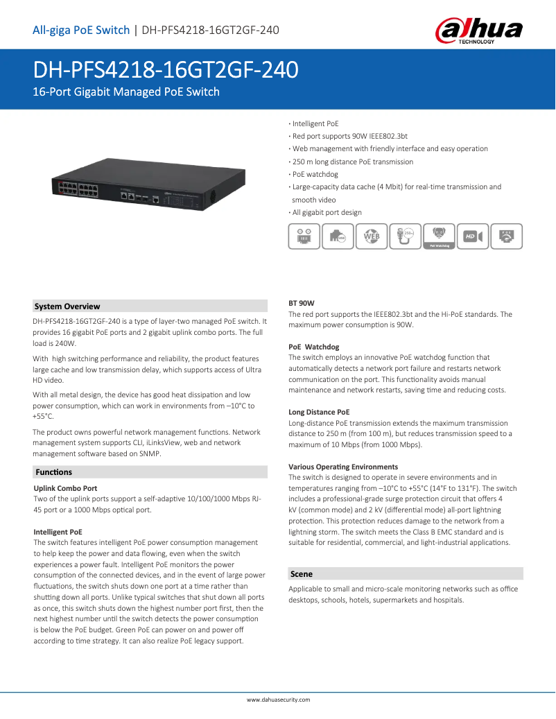 Page 1 de la notice Fiche technique Dahua Technology PFS4218-16GT2GF-240