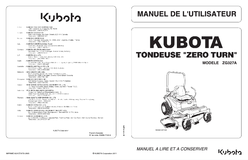 Page 1 de la notice Manuel utilisateur Kubota ZG327R