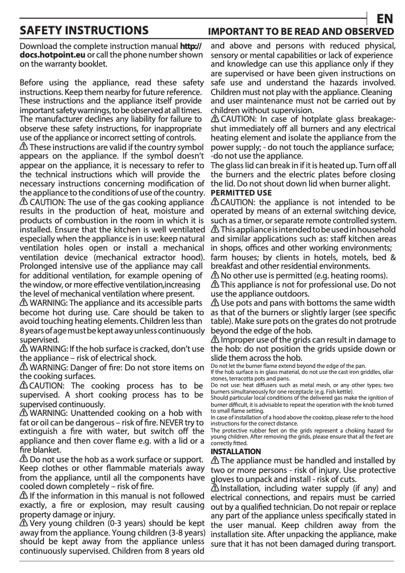 Page 1 de la notice Instructions / montage Hotpoint PPH 75G DF IX UK