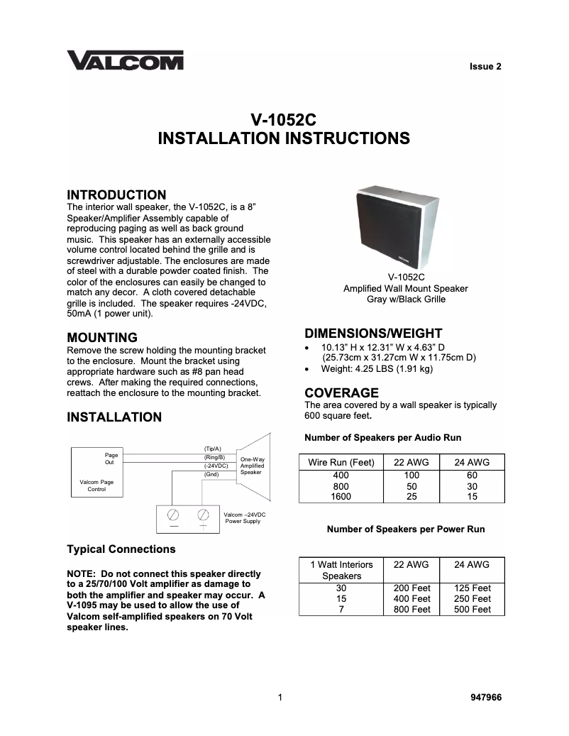 Page n°1 - Manuel utilisateur Valcom V-1071
