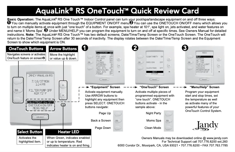 Page n°1 - Guide de démarrage rapide JANDY AquaLink RS OneTouch