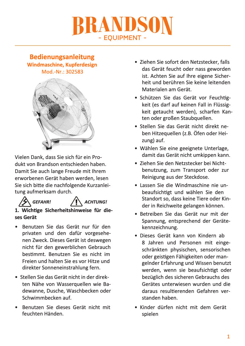 Page 1 de la notice Manuel utilisateur Brandson 302583
