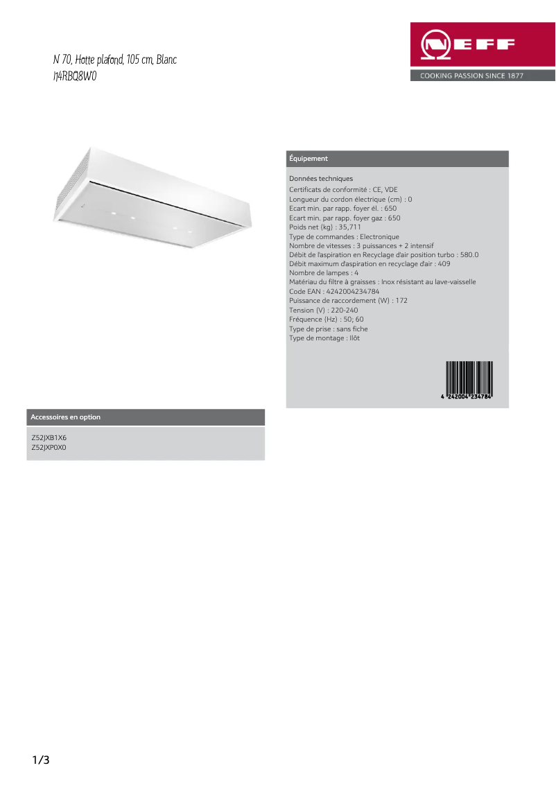 Page 1 de la notice Fiche technique Neff I14RBQ8W0