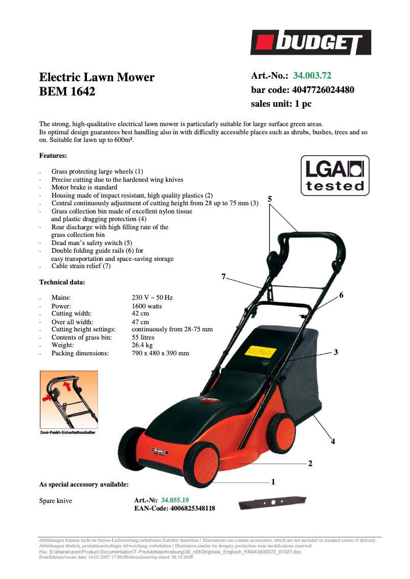 Page 1 de la notice Fiche technique Budget BEM 1642