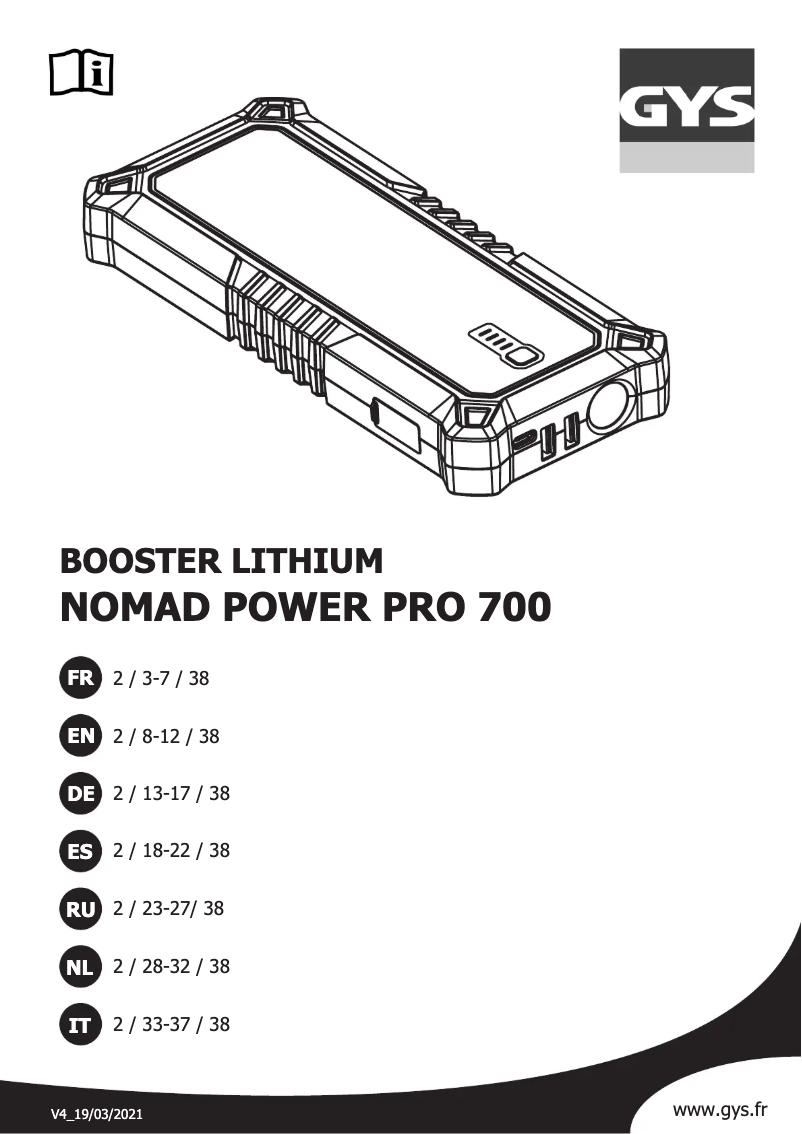 Page n°1 - Manuel utilisateur GYS Nomad Power PRO 700