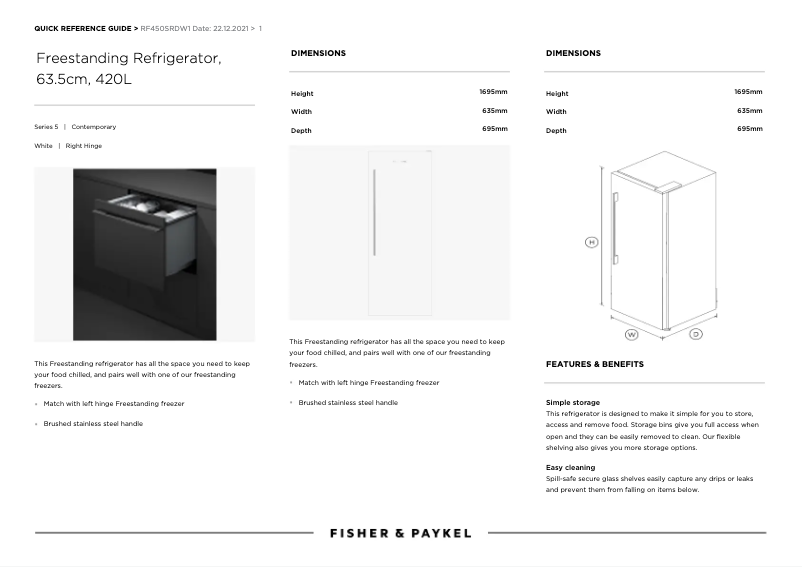 Page n°1 - Manuel utilisateur Fisher & Paykel RF450SRDW1