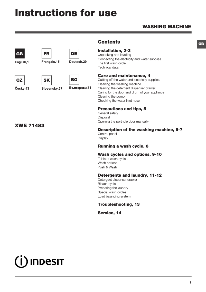 Image de la première page du manuel de l'appareil XWE 71483X W