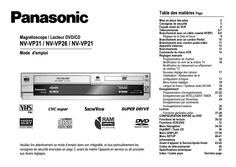 Page 1 of the manual User Manual Panasonic NV-VP31EC
