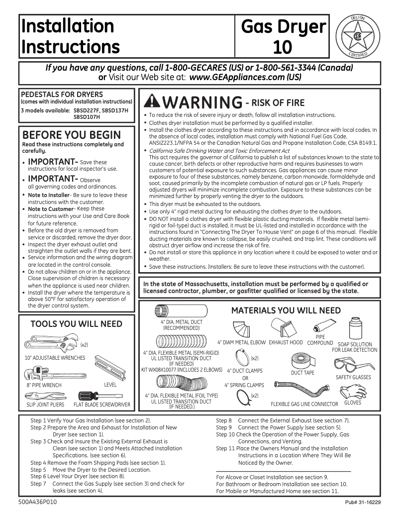 Page n°1 - Guide d'installation GE DBVH520GJWW