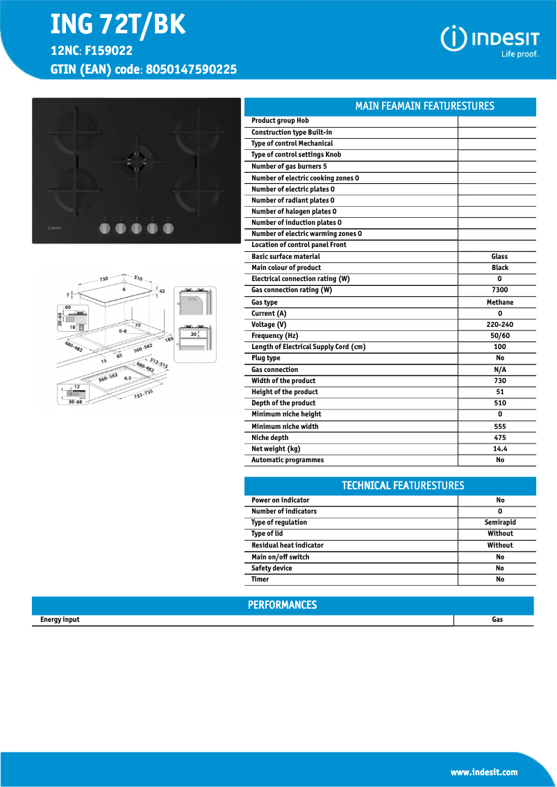 Page n°1 - Fiche technique Indesit ING 72T/BK
