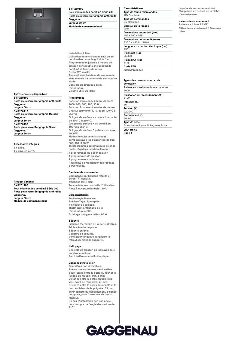 Página 1 del manual Ficha técnica Gaggenau BMP250100