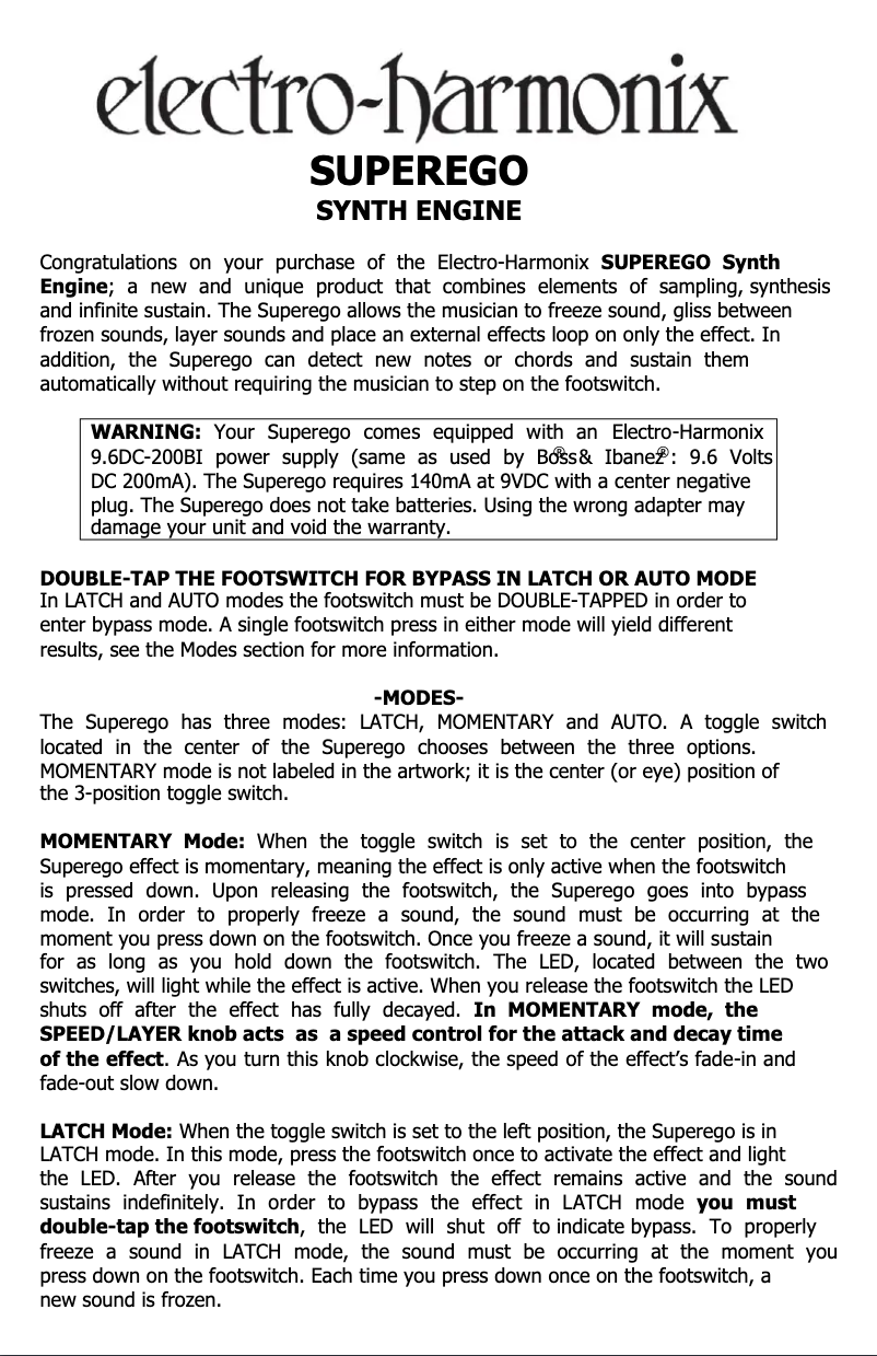 Page 1 de la notice Manuel utilisateur Electro Harmonix Superego