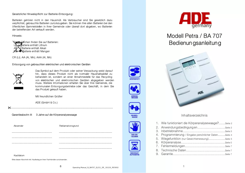 Page n°1 - Manuel utilisateur ADE Petra BA 707