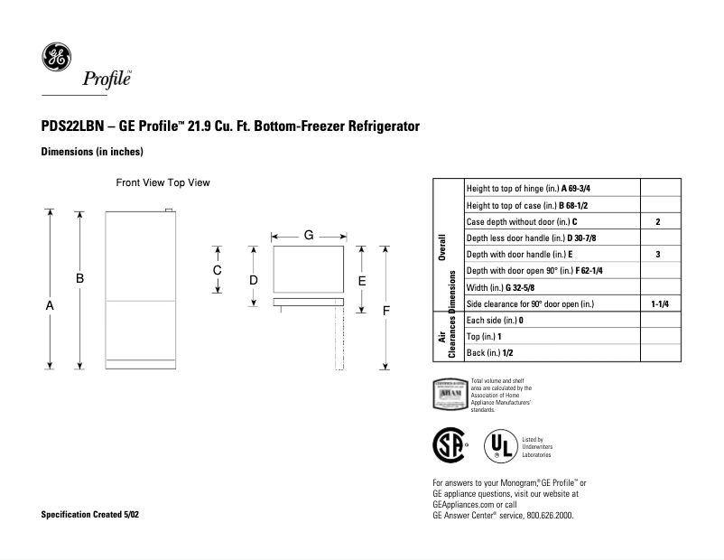 Page n°1 - Fiche technique GE Profile PDS22LBNCC