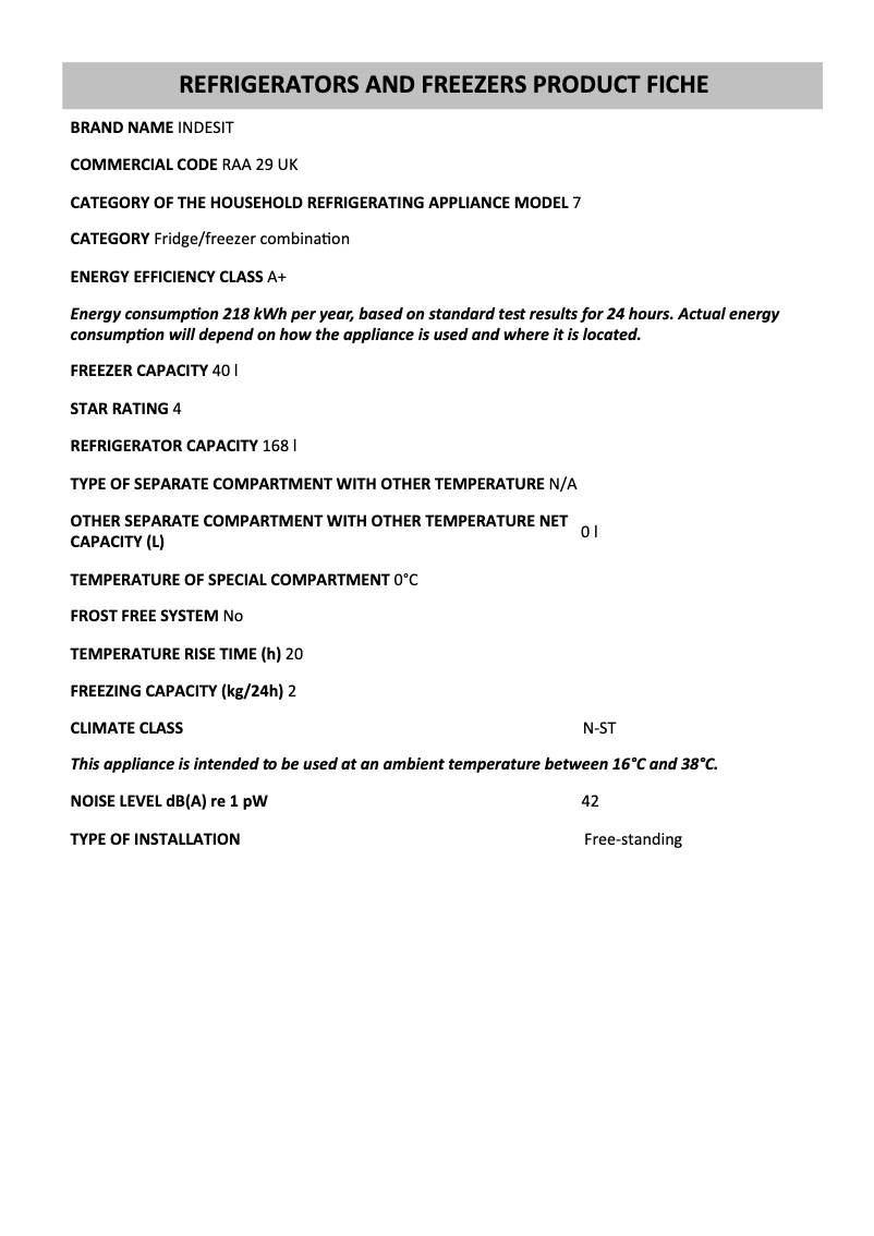 Page 1 de la notice Manuel utilisateur Indesit RAA 29 UK