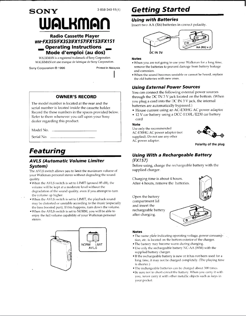 Image de la première page du manuel de l'appareil Walkman WM-FX355