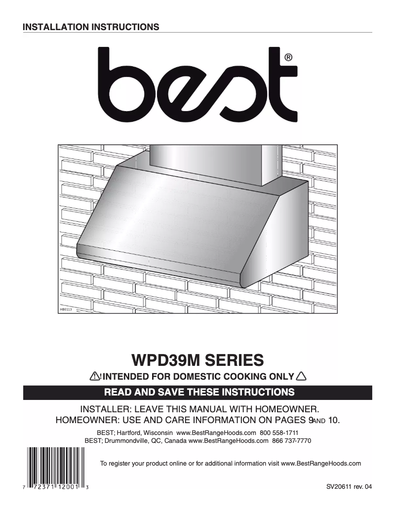 Page n°1 - Guide d'installation Best WPD39M36SB
