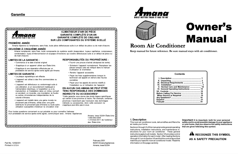 Page 1 de la notice Manuel utilisateur Amana AAC101SRA