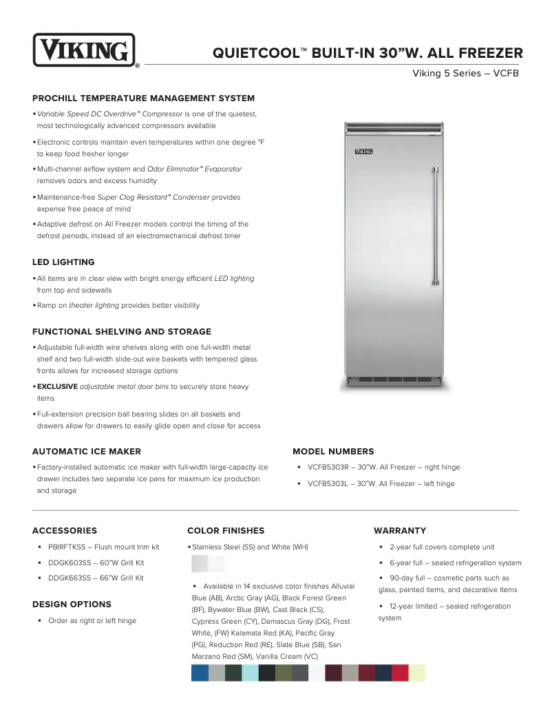 Page 1 of the manual Technical Sheet Viking VCFB5303RWH
