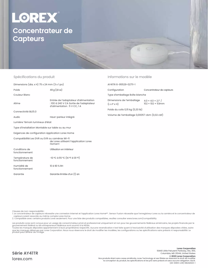 Page 1 de la notice Fiche technique Lorex AY41TR