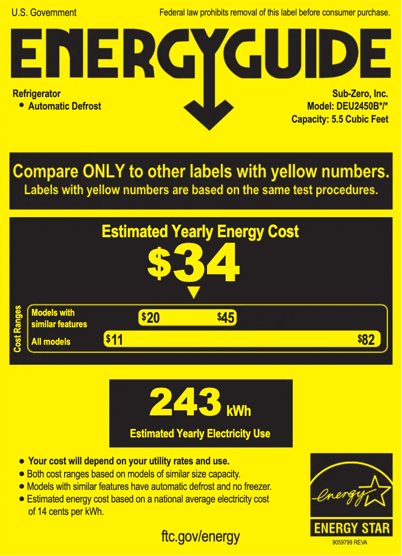 Page 1 de la notice Label énergétique Sub-Zero DEU2450BG